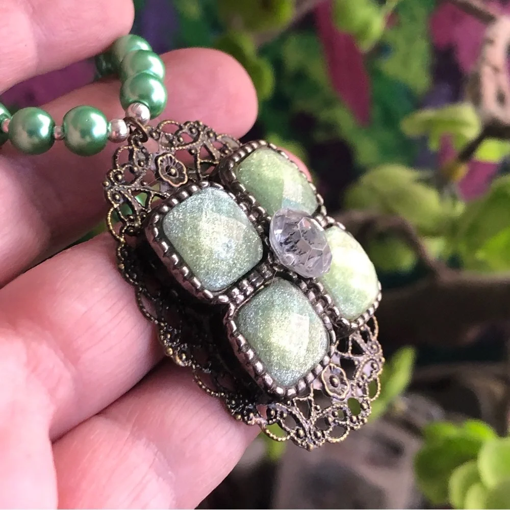 Handcrafted repurpose speckle green glass pendant Czech glass Pearl necklace